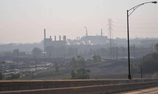 Cleveland Flats in sea of smog from Mittal Steel - 8am 07/08/2010