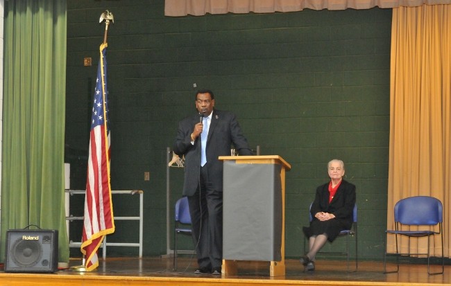 Cincinnati Civil Rights leader and former Cincinnati NAAPC Chapter President Marian Spencer with current President Christopher Smitherman at Taft STEM Elementary School for MLK Day 2011