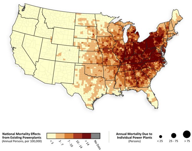 National mortality resulting from coal burning power plants in America
