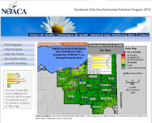 NOACA PM 2.5 1-hour average air pollution monitoring results for 9AM 07/80/2010