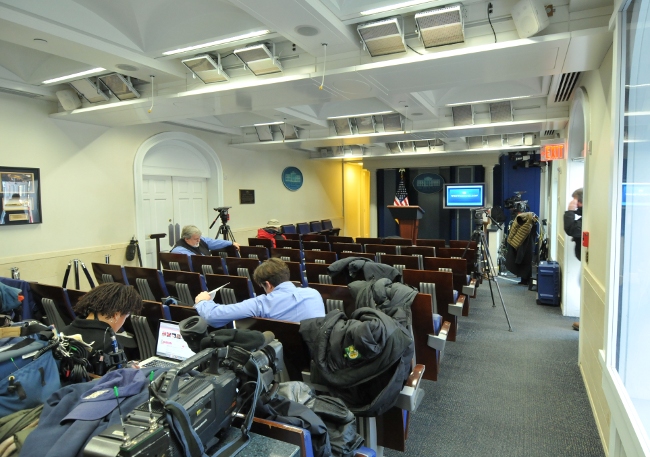 Front inside view of White House Press Briefing Room, between briefings