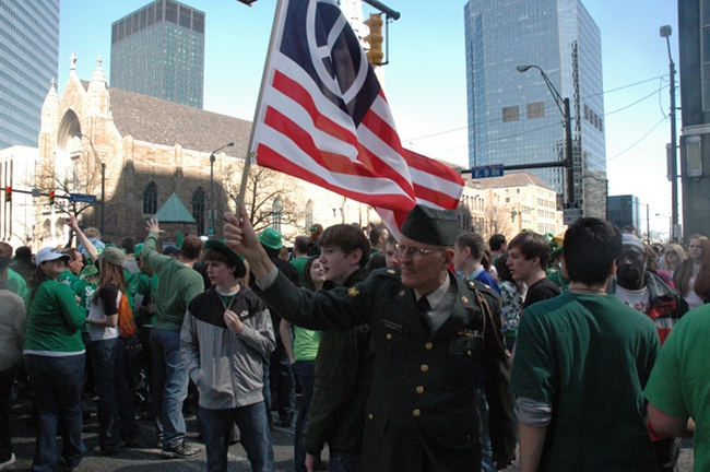 Lou Pumphrey in uniform marching with 2009 St. Patrick's Day Parade in Cleveland Ohio