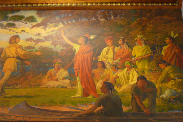 "The Conclave of Rogers' Rangers and Chief Pontiac on the Cuyahoga River, 1760," oil painting on canvas on the west wall of the Court of Appeals, by Charles Yardley Turner
