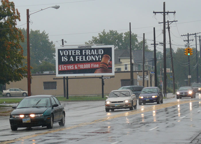 voter fraud bill board sign billboard clear channel cleveland ohio cuyahoga county private family foundation 