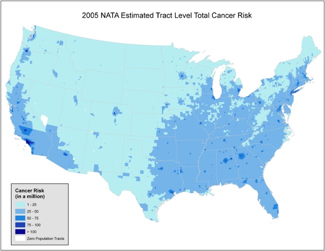 EPA's 2005 National Air Toxins Assessment human cancer risk from estimated, chronic inhalation exposures based on emissions data from the 2005 National Emissions Inventory for hazardous air pollutants, assuming these emissions remain constant throughout one's lifetime