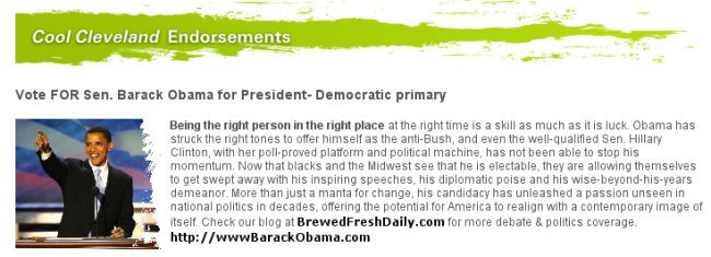 CoolCleveland Obama Endorsement CoolCleveland Obama Endorsement
