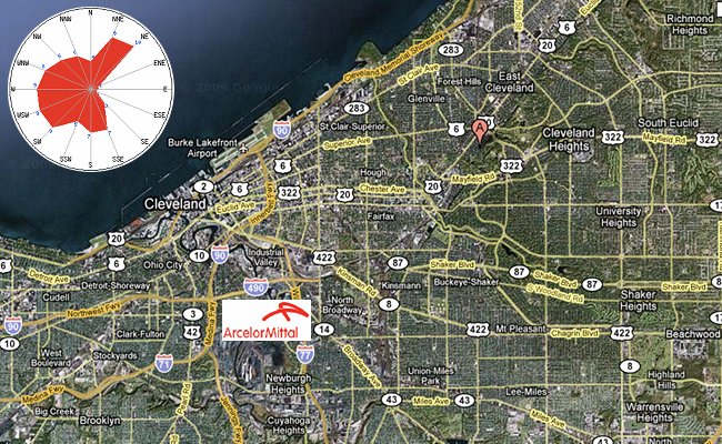 Map of Mittal Cleveland Works with wind diagram