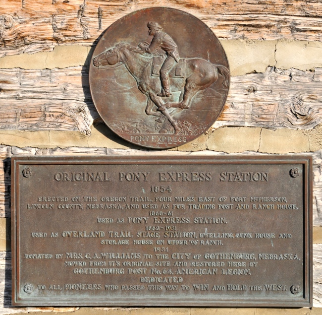Dedication signs at historic 1854 Pony Express Station in Gothenburg, Nebraska