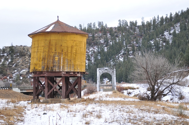 Narrow Gauge Rail Bridge and water tower on Jicarilla Apache Reservation north of Dulce, New Mexico