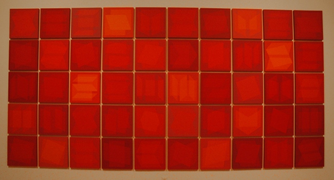 Julian Stanczak - "Parade of Reds" 2006-2008 - Acrylic on wood, 50 panels, 16 inches square each