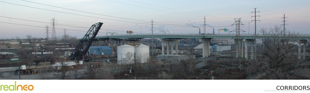 View from back of Tremont Pointe federally subsidized public housing development, showing pollution from Mittal Steel and I-490 freeway