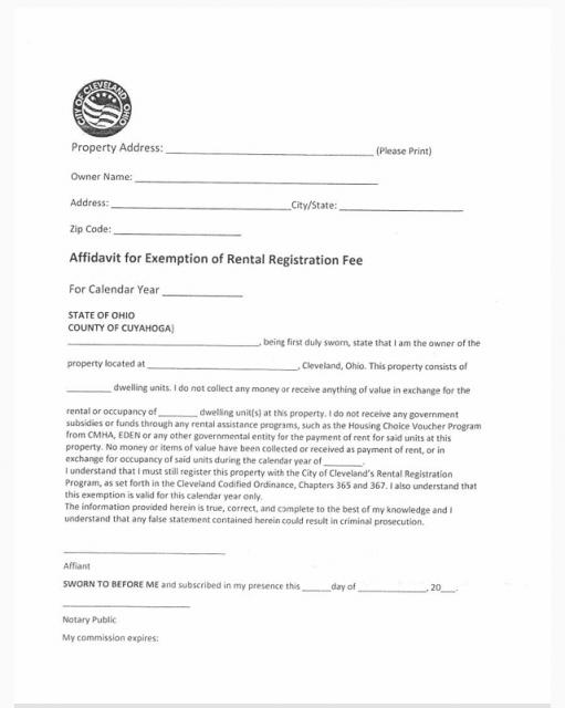 AFFIDAVIT FOR EXEMPTION IF RENTAL REGISTRATION FEE