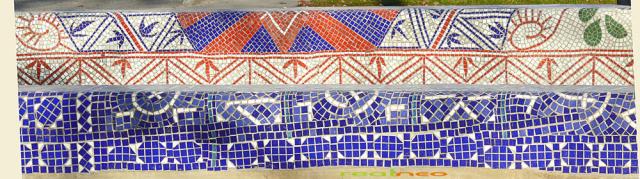 Mosaic "blankets" on concrete benches Mosaic "blankets" on concrete benches
