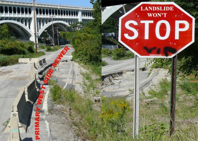 Irishtown Bend sewer under cracking roadway Cleveland Ohio Irishtown Bend sewer under cracking roadway Cleveland Ohio