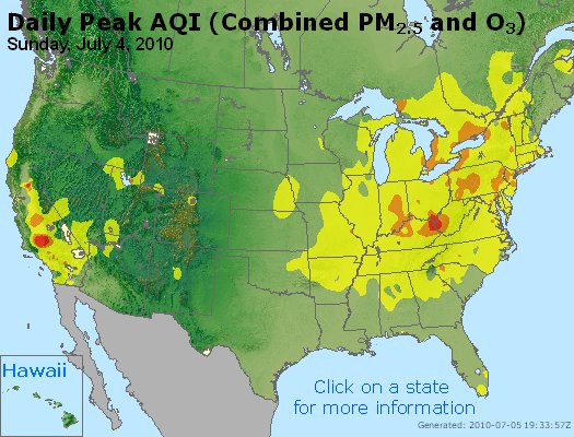 US EPA AirNow AQI Index - poor air quality day for much of America